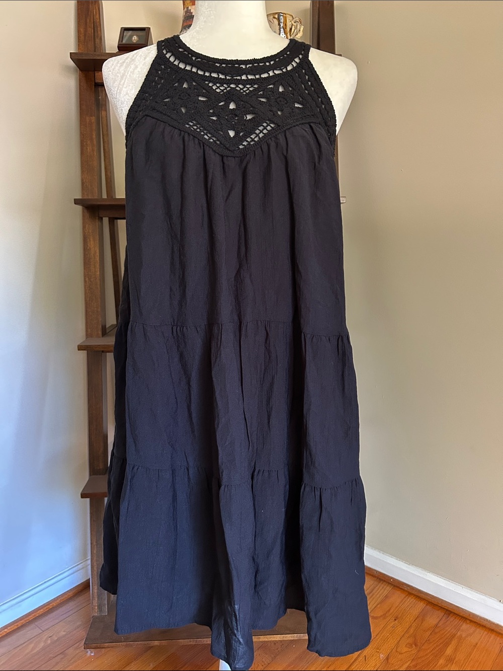 Black Crochet-Yoke Tiered Mini Skirt